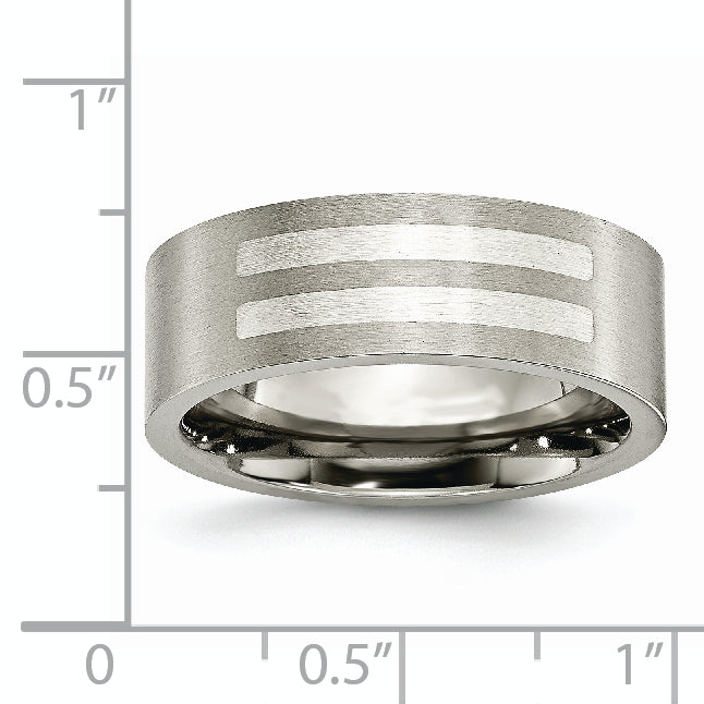 Titanium/Silver Two Tone Titanium Brushed Sterling Silver Inlay 8mm Flat Band