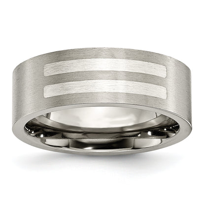 Titanium/Silver Two Tone Titanium Brushed Sterling Silver Inlay 8mm Flat Band