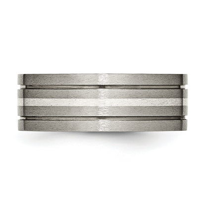 Titanium/Silver Two Tone Titanium Brushed Sterling Silver Inlay 8mm Grooved Band