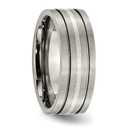 Titanium/Silver Two Tone Titanium Brushed Sterling Silver Inlay 8mm Grooved Band