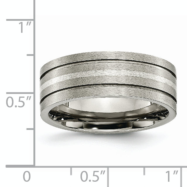 Titanium/Silver Two Tone Titanium Brushed Sterling Silver Inlay 8mm Grooved Band