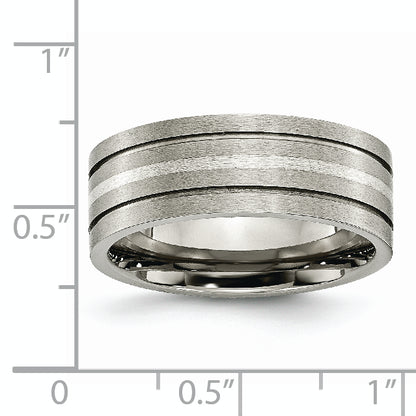 Titanium/Silver Two Tone Titanium Brushed Sterling Silver Inlay 8mm Grooved Band