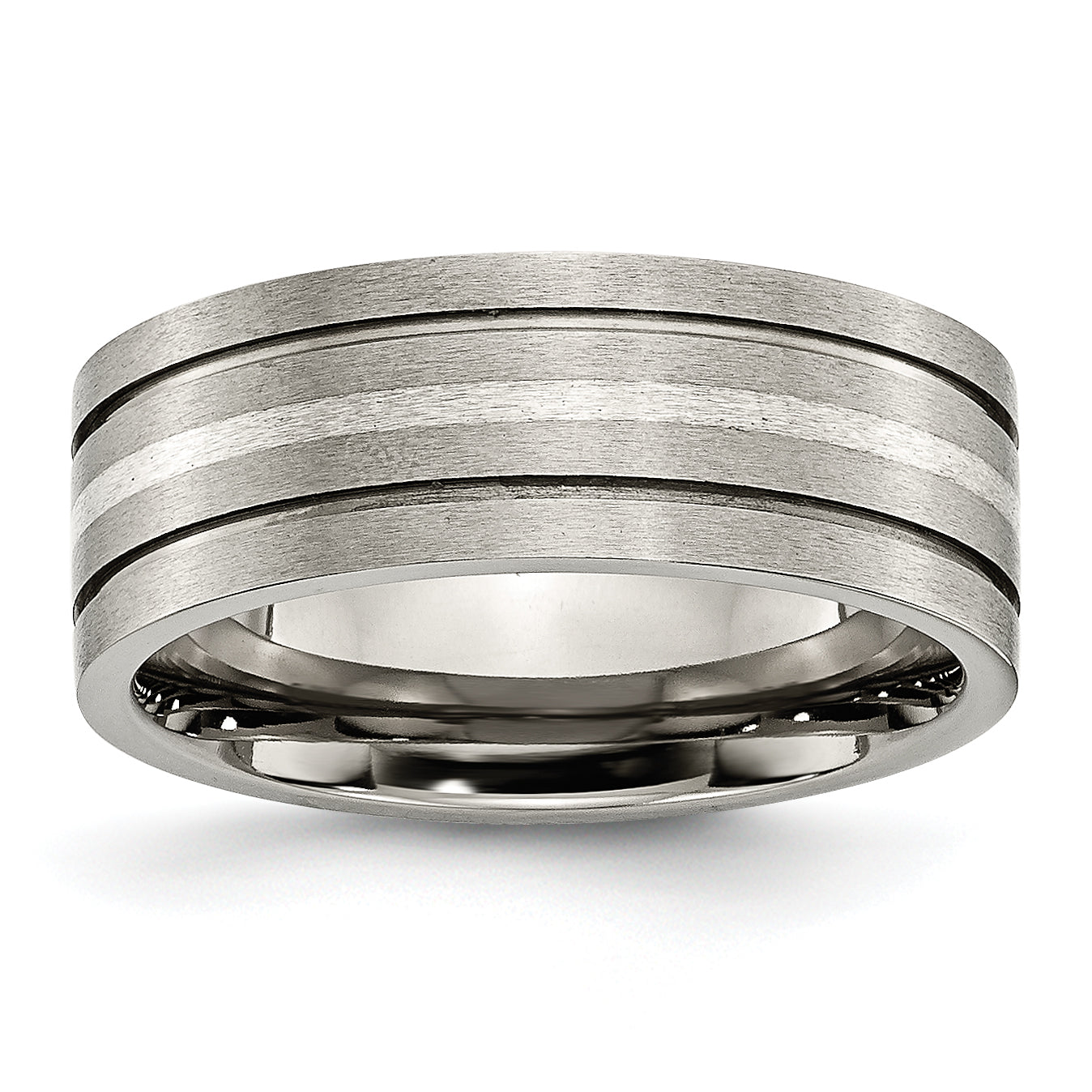 Titanium/Silver Two Tone Titanium Brushed Sterling Silver Inlay 8mm Grooved Band