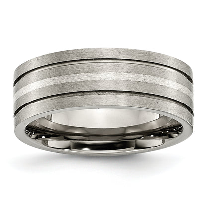 Titanium/Silver Two Tone Titanium Brushed Sterling Silver Inlay 8mm Grooved Band