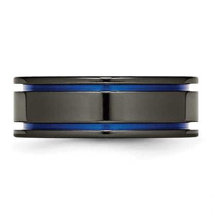 Titanium Black Ti Polished Blue Anodized 8mm Grooved Band (Size 7 Only)