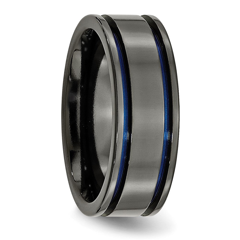 Titanium Black Ti Polished Blue Anodized 8mm Grooved Band (Size 7 Only)