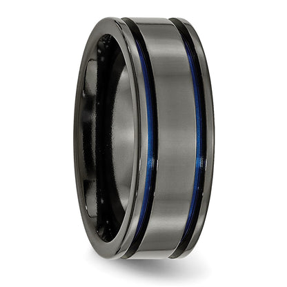 Titanium Black Ti Polished Blue Anodized 8mm Grooved Band (Size 7 Only)