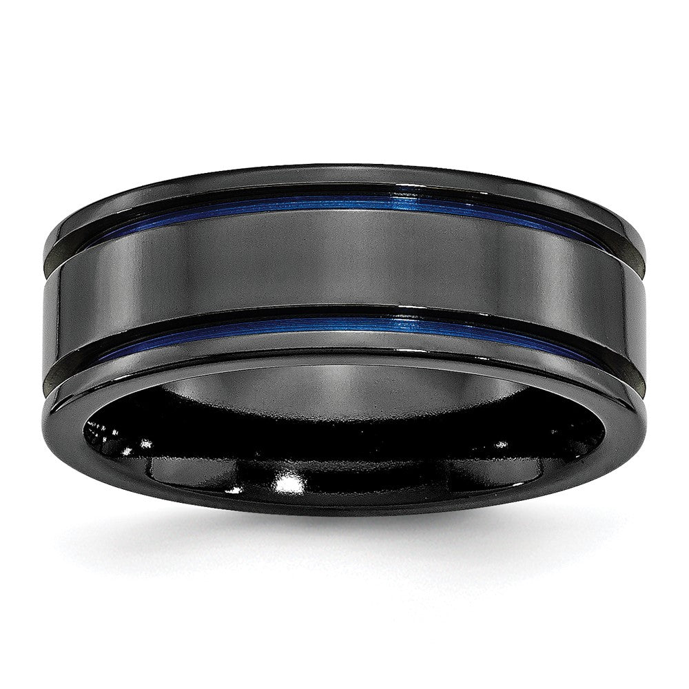 Titanium Black Ti Polished Blue Anodized 8mm Grooved Band (Size 7 Only)