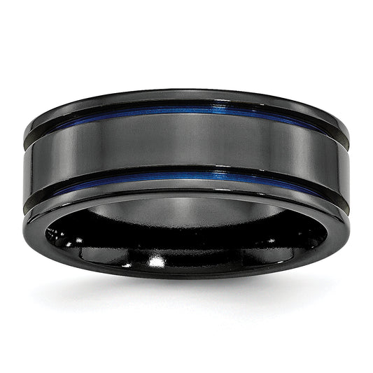 Titanium Black Ti Polished Blue Anodized 8mm Grooved Band (Size 7 Only)
