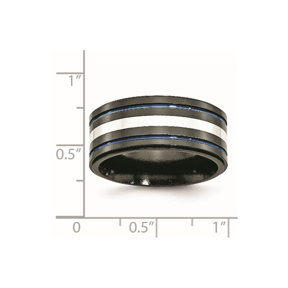 Titanium/Silver Two Tone Titanium Black Ti With/Sterling Silver Inlay Blue Anodized 10mm Band