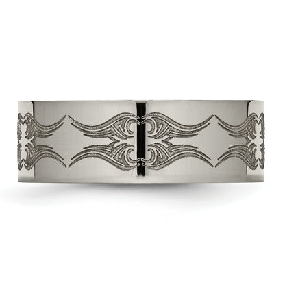 Titanium Polished Laser Design 8mm Flat Band (Size 10.5 Only)
