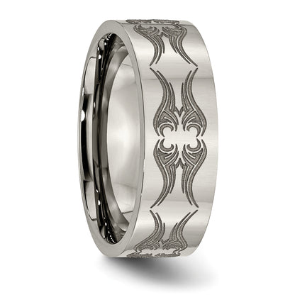 Titanium Polished Laser Design 8mm Flat Band (Size 10.5 Only)