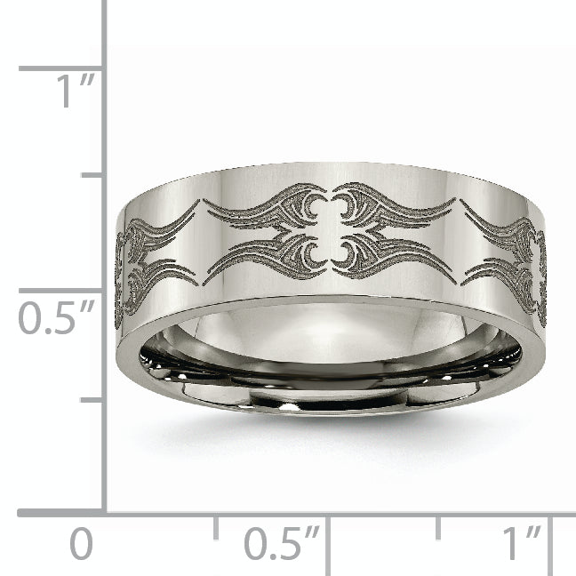 Titanium Polished Laser Design 8mm Flat Band (Size 10.5 Only)