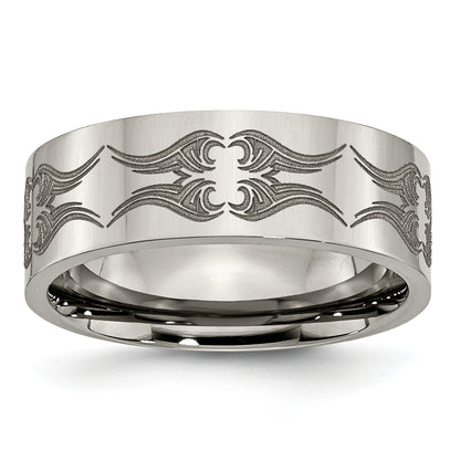 Titanium Polished Laser Design 8mm Flat Band (Size 10.5 Only)