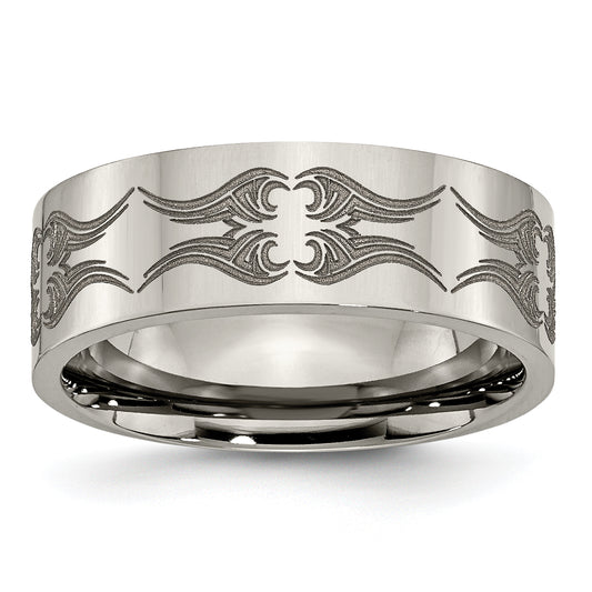 Titanium Polished Laser Design 8mm Flat Band (Size 10.5 Only)
