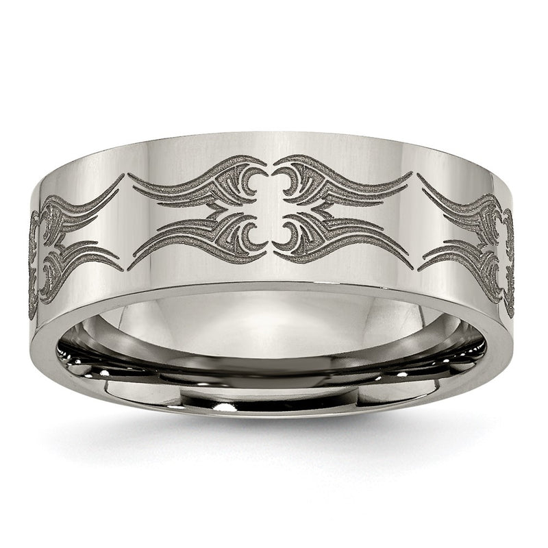 Titanium Polished Laser Design 8mm Flat Band (Size 10.5 Only)