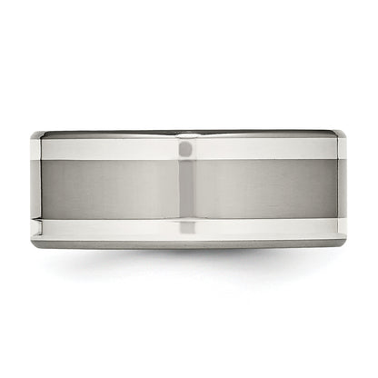 Titanium/Silver Two Tone Titanium W/ Argentium .925 Silver Inlay 9mm Polished Flat Band (Size 9.5 Only)