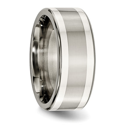 Titanium/Silver Two Tone Titanium W/ Argentium .925 Silver Inlay 9mm Polished Flat Band (Size 9.5 Only)