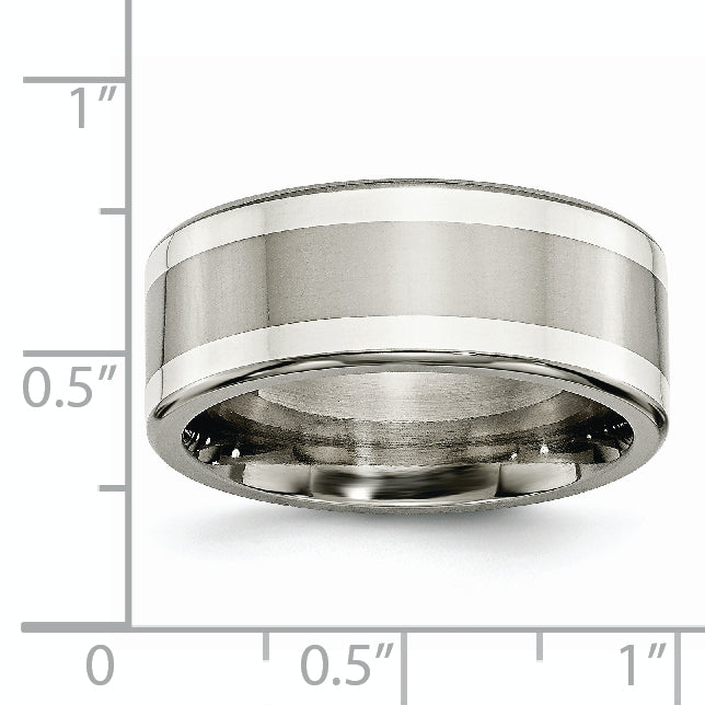 Titanium/Silver Two Tone Titanium W/ Argentium .925 Silver Inlay 9mm Polished Flat Band (Size 9.5 Only)