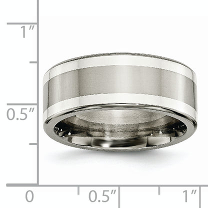 Titanium/Silver Two Tone Titanium W/ Argentium .925 Silver Inlay 9mm Polished Flat Band (Size 9.5 Only)