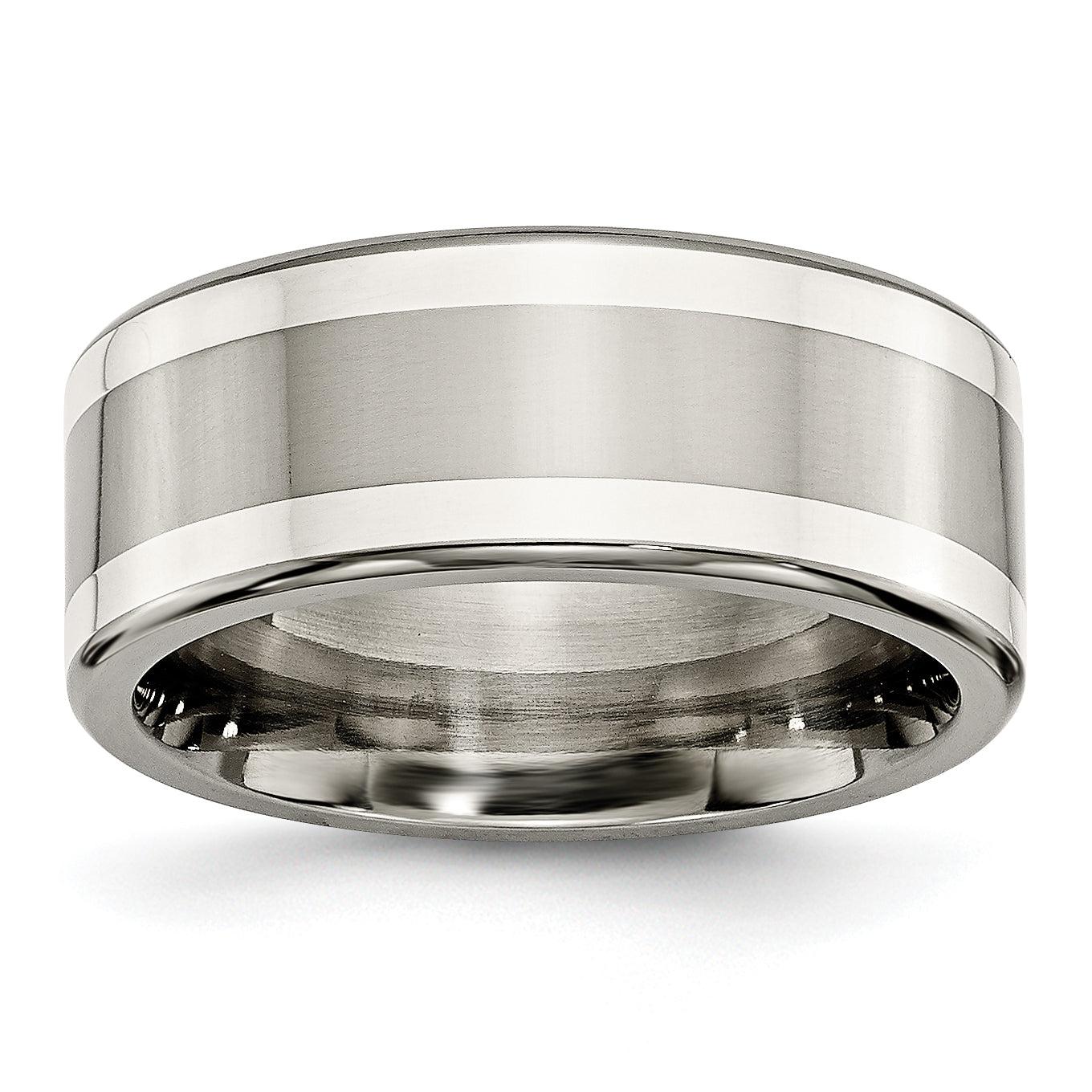 Titanium/Silver Two Tone Titanium W/ Argentium .925 Silver Inlay 9mm Polished Flat Band (Size 9.5 Only)