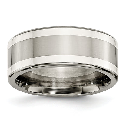 Titanium/Silver Two Tone Titanium W/ Argentium .925 Silver Inlay 9mm Polished Flat Band (Size 9.5 Only)