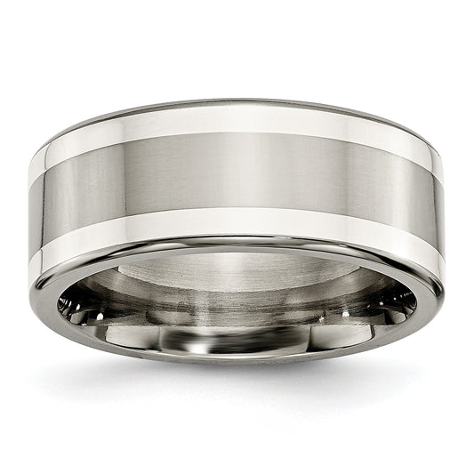 Titanium/Silver Two Tone Titanium W/ Argentium .925 Silver Inlay 9mm Polished Flat Band (Size 9.5 Only)