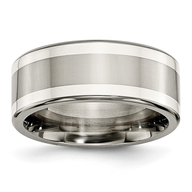 Titanium/Silver Two Tone Titanium W/ Argentium .925 Silver Inlay 9mm Polished Flat Band (Size 9.5 Only)