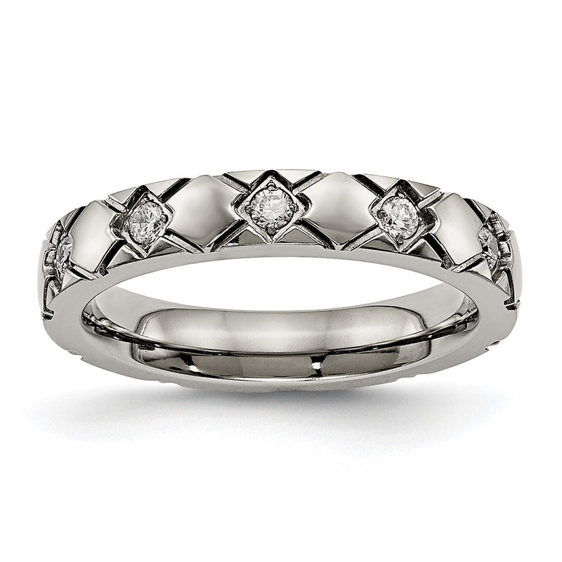 Titanium Polished With Cz Criss Cross 4mm Grooved Band