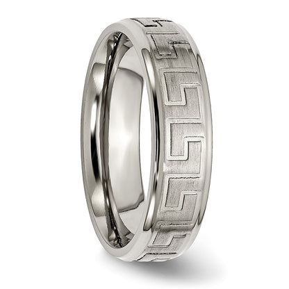Titanium Ridged Edge Greek Key Design 6mm Satin/Polished Band