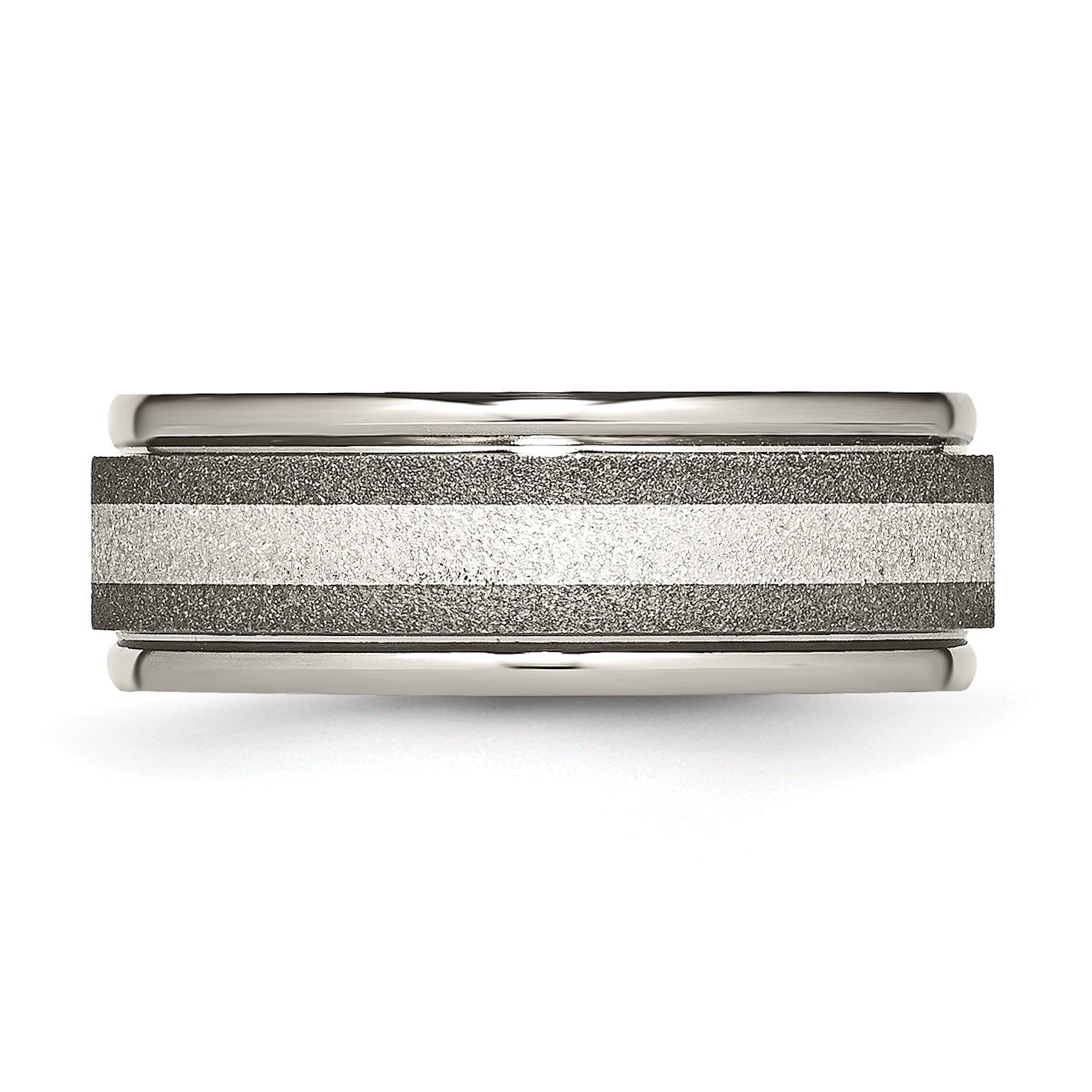 Titanium/Silver Two Tone Titanium Grooved Sterling Inlay 8mm Satin And Polished Band (Size 14.5 Only)