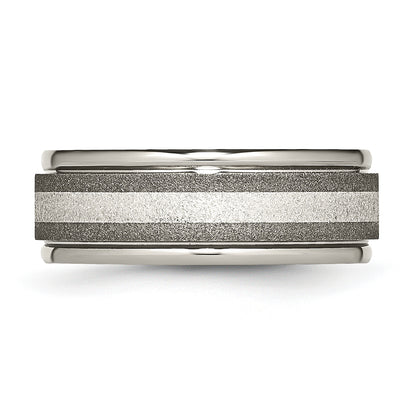 Titanium/Silver Two Tone Titanium Grooved Sterling Inlay 8mm Satin And Polished Band (Size 14.5 Only)