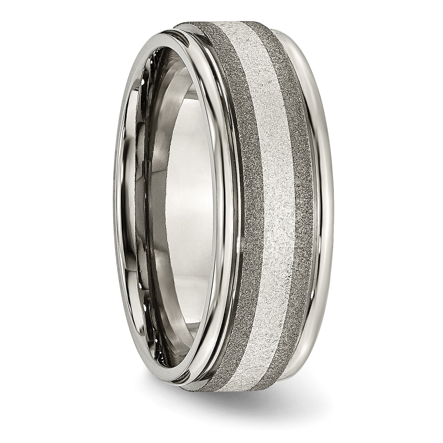 Titanium/Silver Two Tone Titanium Grooved Sterling Inlay 8mm Satin And Polished Band (Size 14.5 Only)