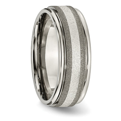Titanium/Silver Two Tone Titanium Grooved Sterling Inlay 8mm Satin And Polished Band (Size 14.5 Only)