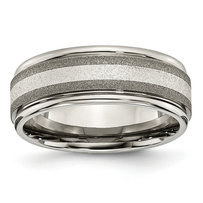 Titanium/Silver Two Tone Titanium Grooved Sterling Inlay 8mm Satin And Polished Band (Size 14.5 Only)