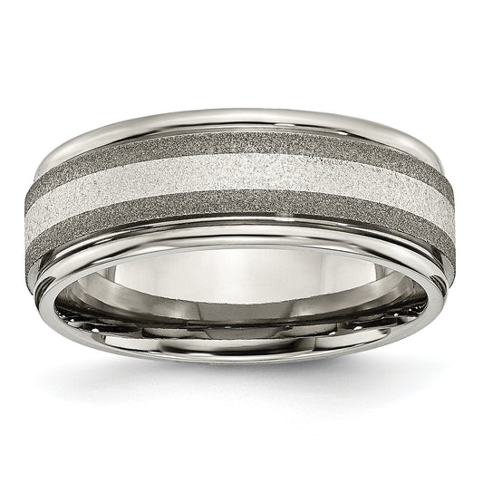 Titanium/Silver Two Tone Titanium Grooved Sterling Inlay 8mm Satin And Polished Band (Size 14.5 Only)