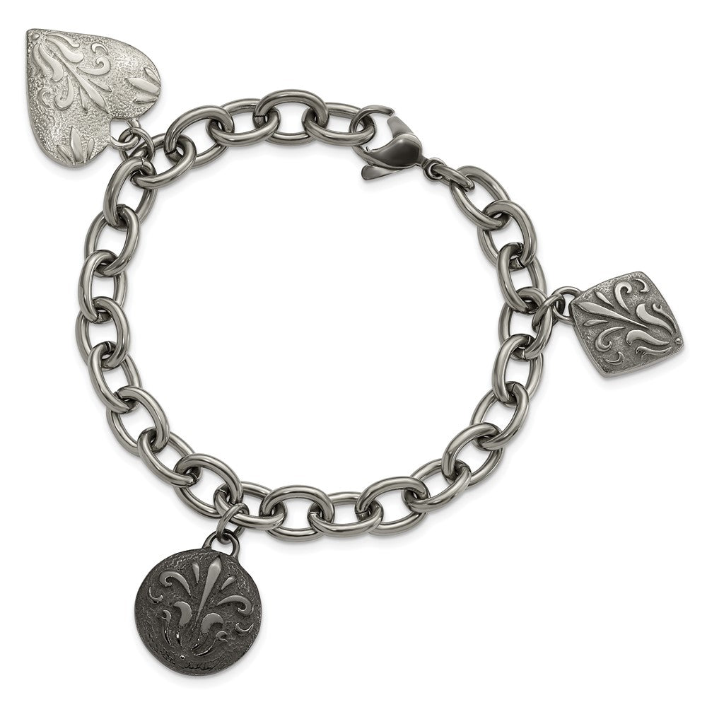 Titanium/Silver Two Tone Titanium & Sterling Silver Black Ti Polished Etched Charm Bracelet