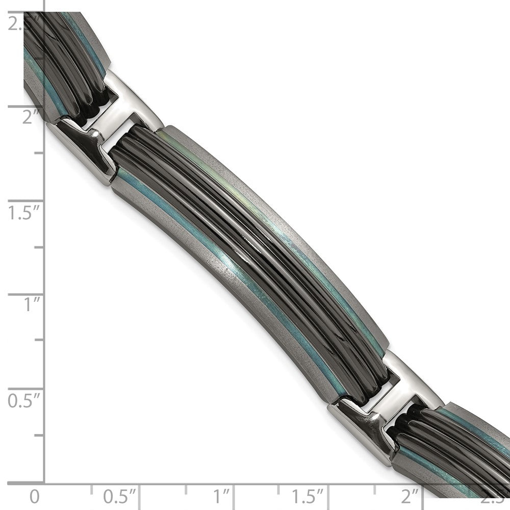 Titanium/Silver Two Tone Titanium Sterling Silver Black Ti Polished & Brushed Striped Link Bracelet
