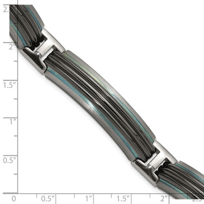 Titanium/Silver Two Tone Titanium Sterling Silver Black Ti Polished & Brushed Striped Link Bracelet