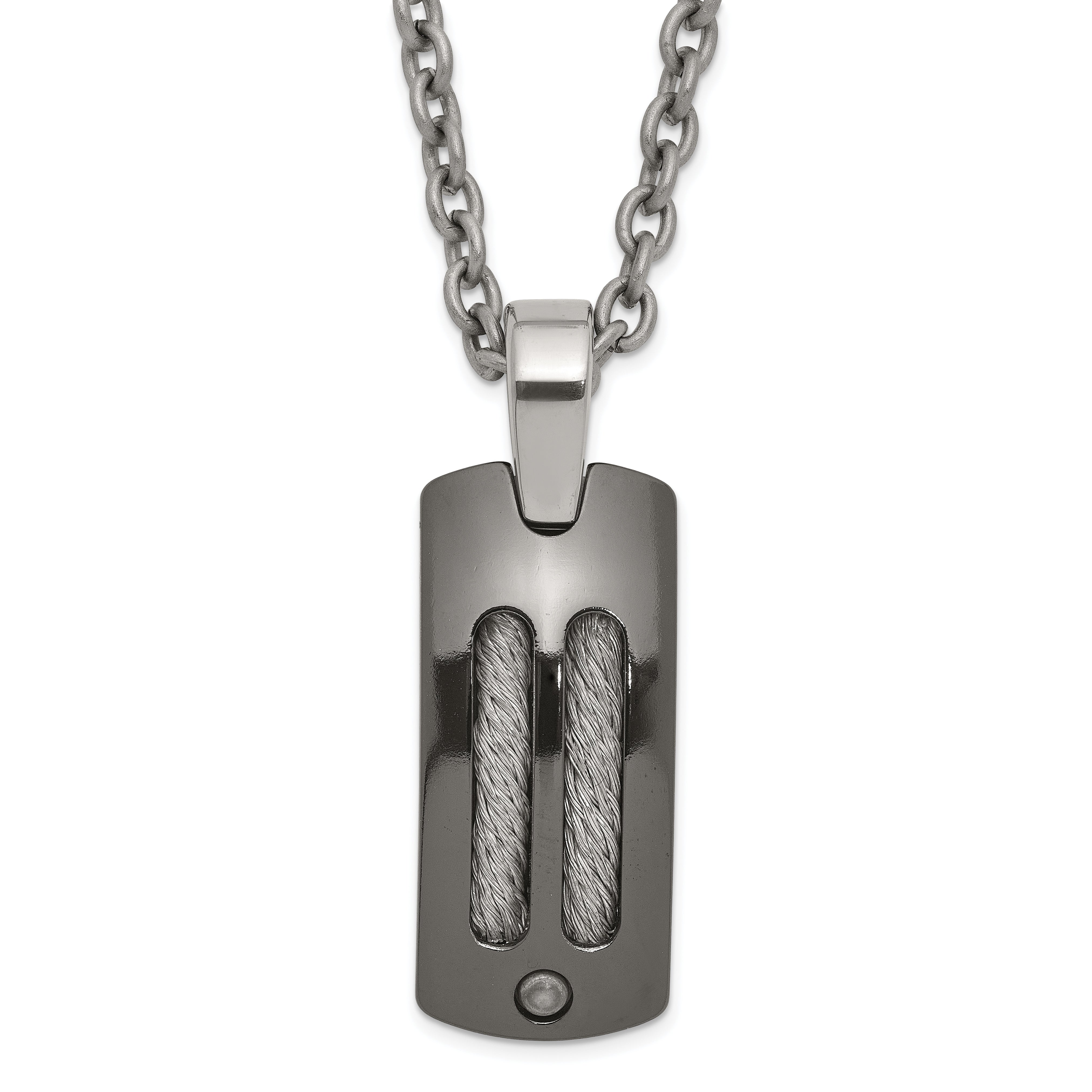 Titanium/Silver Two Tone Titanium/Ster.Sil Black Ti Polished Cable Inlay Dog Tag Necklace