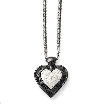 Titanium/Silver Two Tone Titanium/Ster.Sil Black Ti Polished Etched Heart 2 Chain Necklace