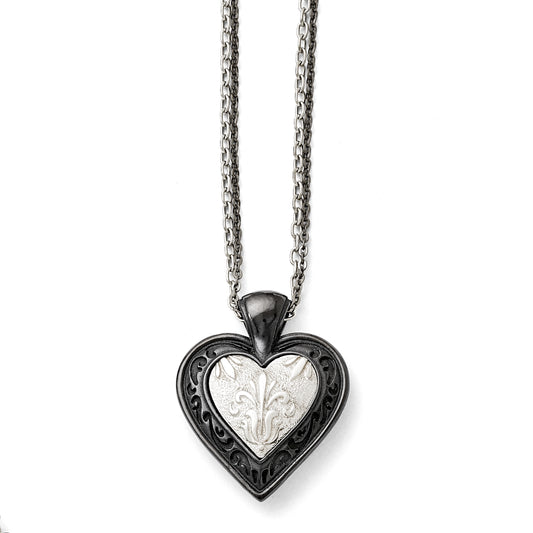 Titanium/Silver Two Tone Titanium/Ster.Sil Black Ti Polished Etched Heart 2 Chain Necklace