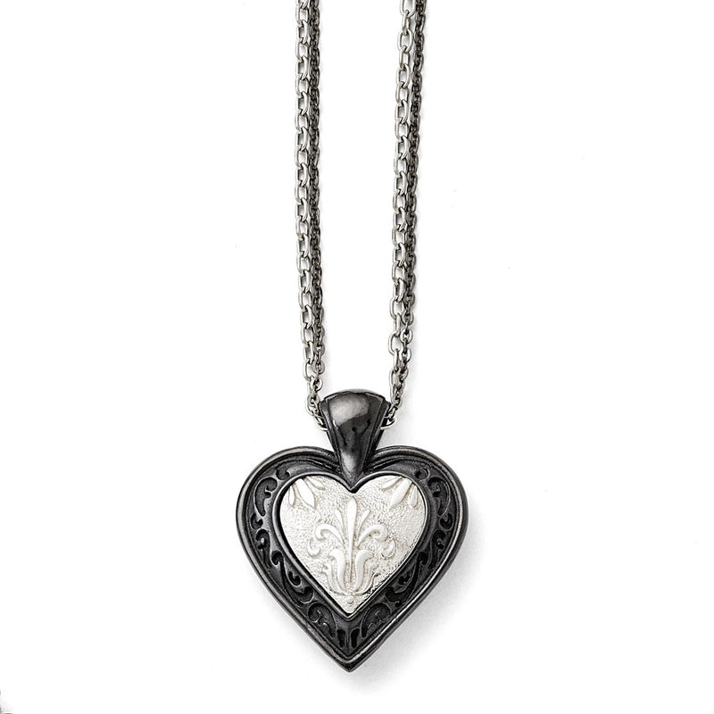 Titanium/Silver Two Tone Titanium/Ster.Sil Black Ti Polished Etched Heart 2 Chain Necklace