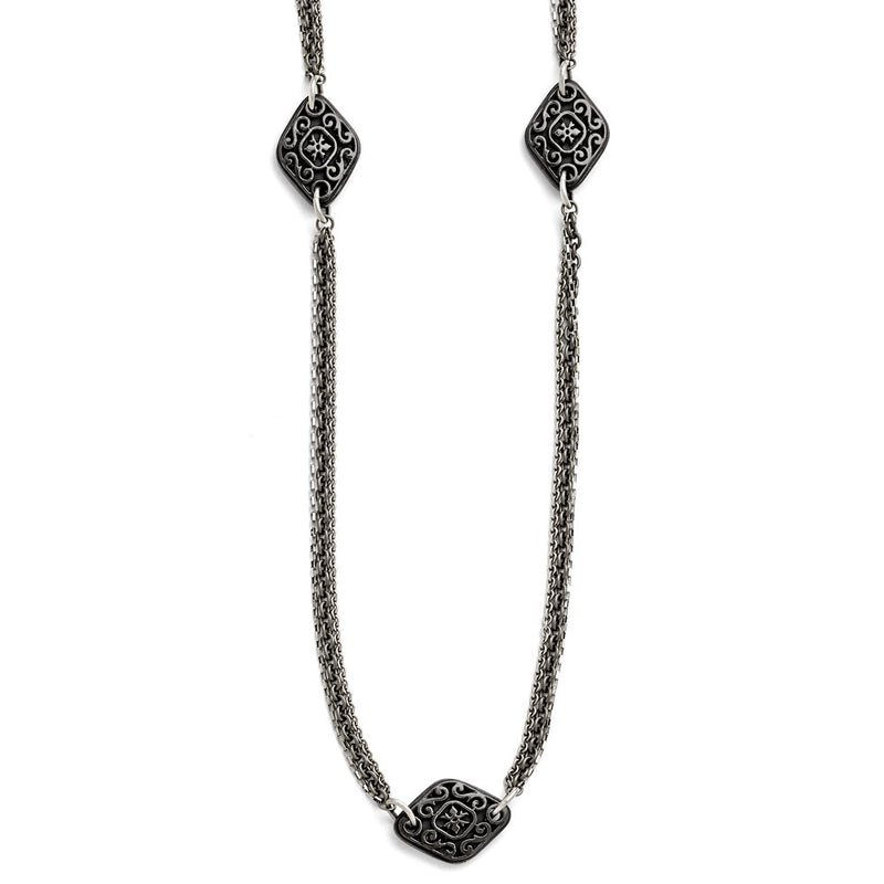 Titanium/Silver Two Tone Titanium/Ster.Sil Black Ti Polished Etched Charms Necklace