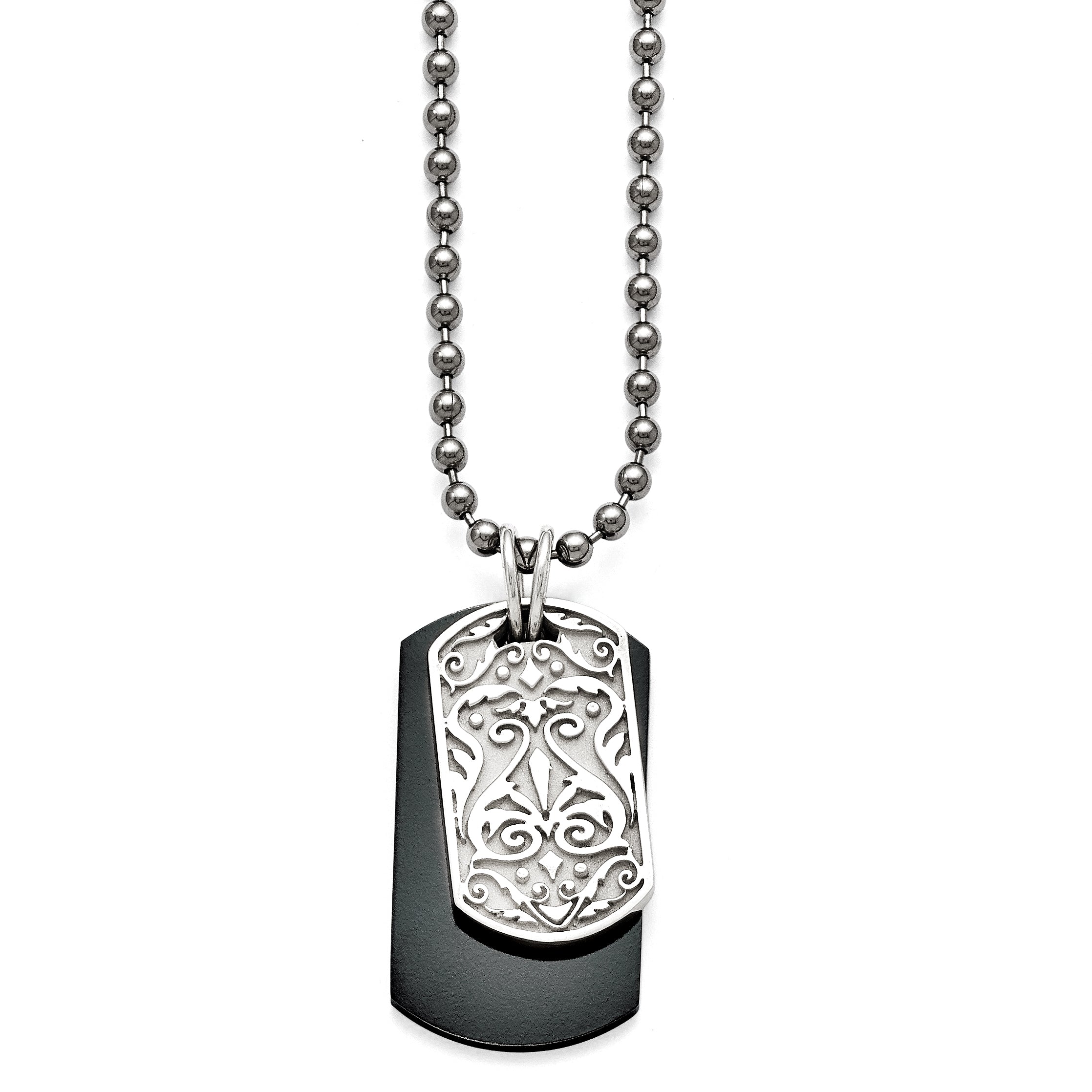 Titanium/Silver Two Tone Titanium/Ster.Sil Black Ti Polished Etched Dog Tag Necklace