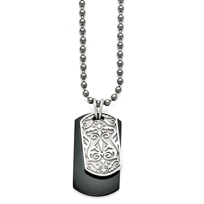 Titanium/Silver Two Tone Titanium/Ster.Sil Black Ti Polished Etched Dog Tag Necklace