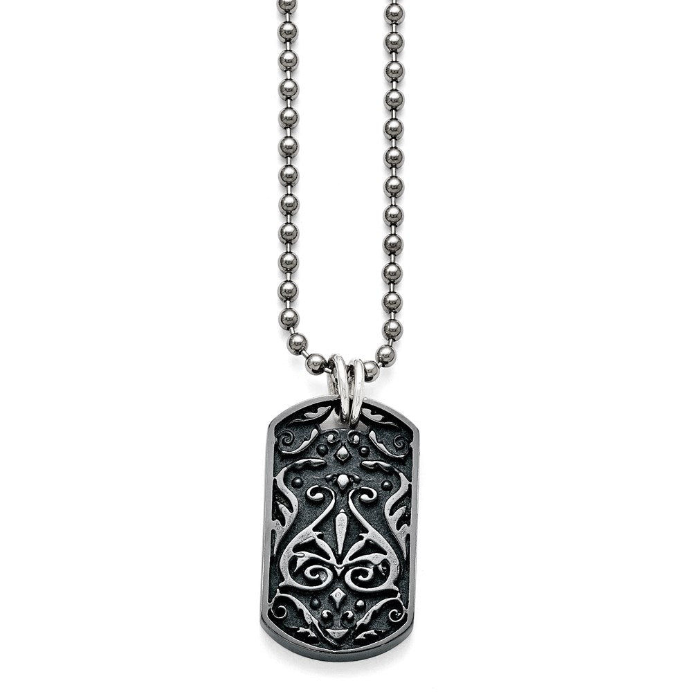 Titanium/Silver Two Tone Titanium/Ster.Sil Black Ti Polished Etched Dog Tag Necklace