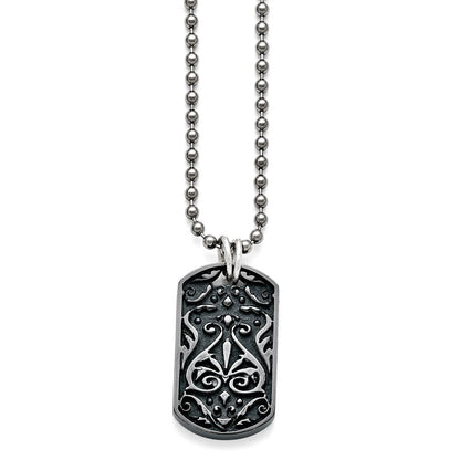 Titanium/Silver Two Tone Titanium/Ster.Sil Black Ti Polished Etched Dog Tag Necklace