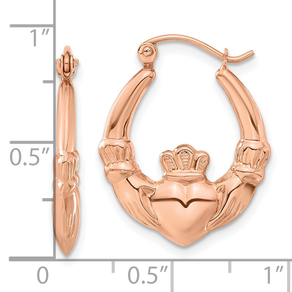 14K Rose Gold Polished Claddagh Hoop Earrings