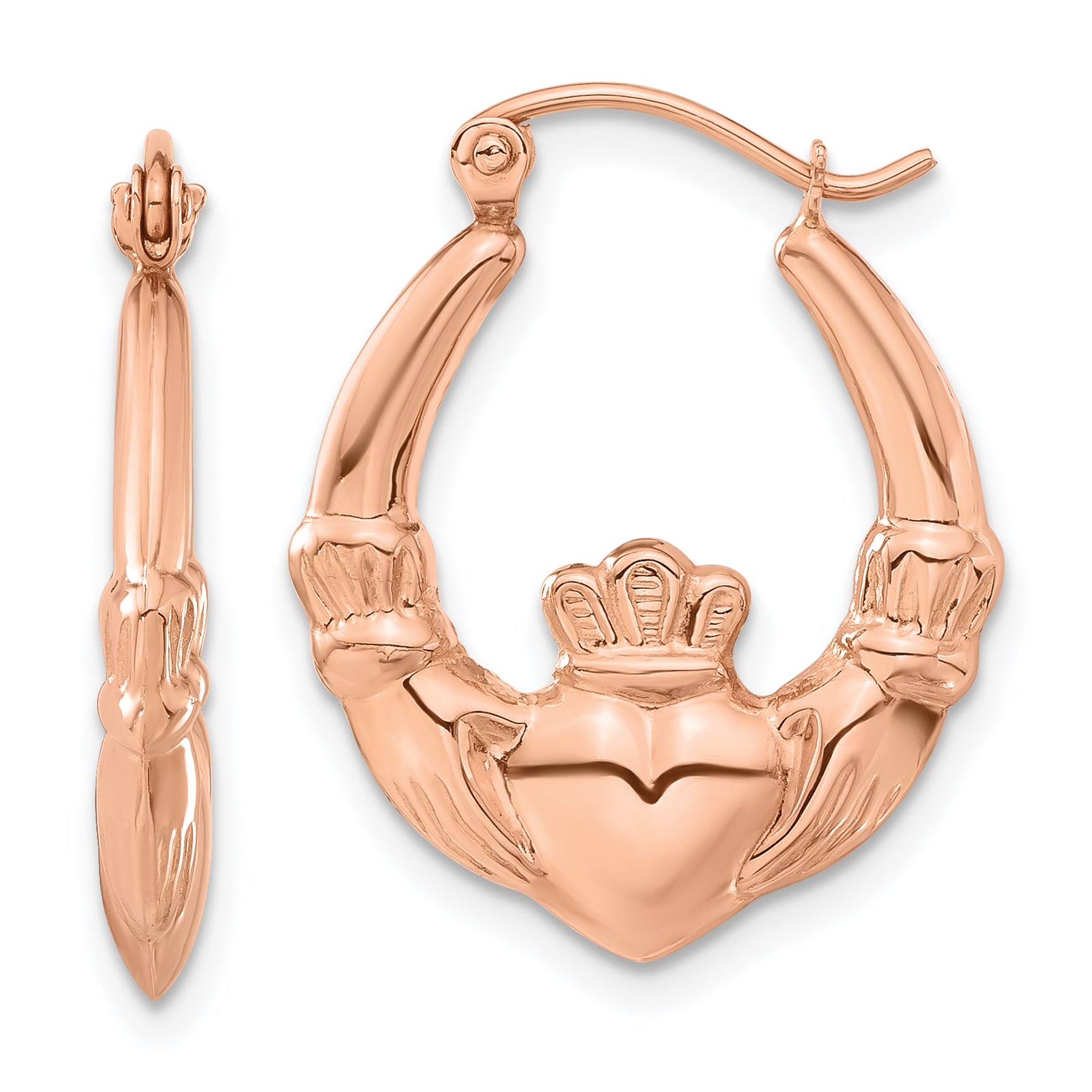 14K Rose Gold Polished Claddagh Hoop Earrings